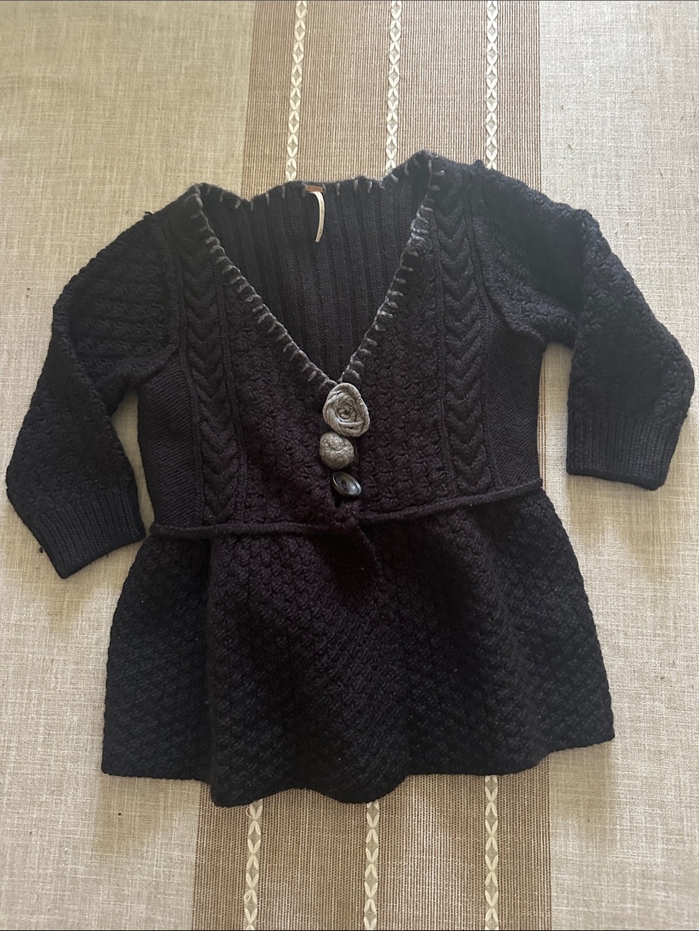 Free People Black V-Neck Textured 3/4 Sleeve Knit Sweater with Rosette Buttons